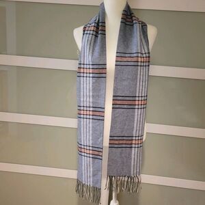 Piacenza Silk Cashmere Scarf Made in Italy Gray Plaid Fringe Luxury